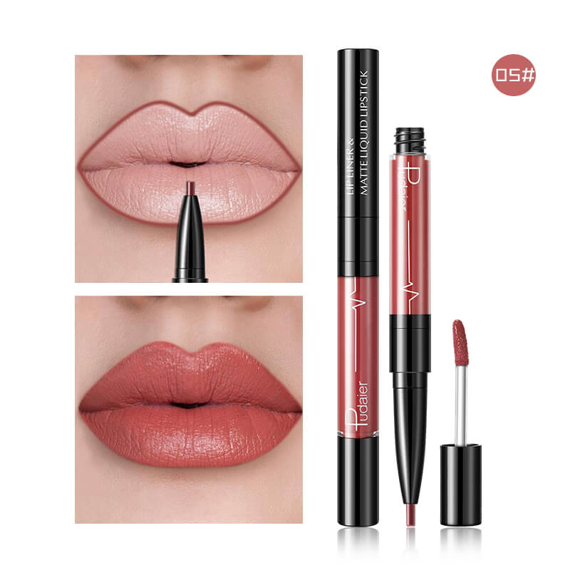 Gloss à Lèvres Mat 2 en 1 Pudaier - Crayon Contour et Gloss Longue Tenue Rouge Agate - Saunders Cosmétiques